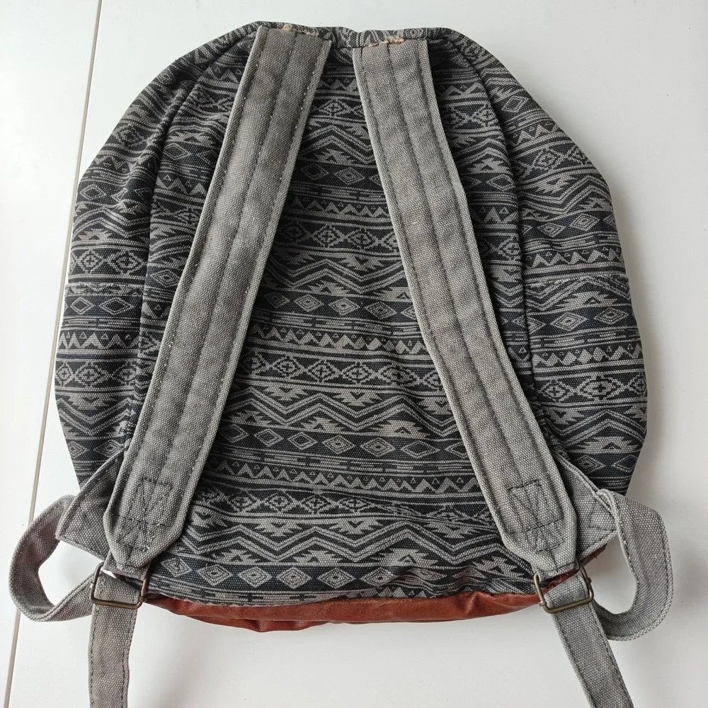 Topman Mens Aztec Geometric Print Canvas Backpack Grey Black‎ Faux Leather Trim